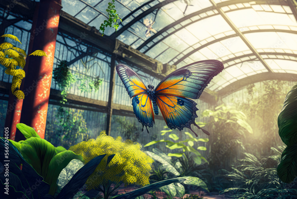 inside a tropical greenhouse with a butterfly in flight - illustration - Generative AI