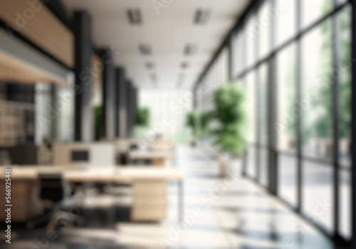 Blurred office workspace in the evening , interior workplace with cityscape for business presentation background, AI generated photo
