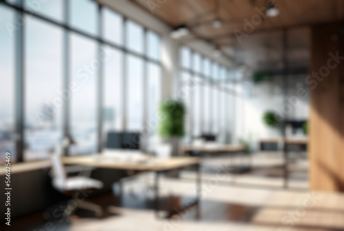 Blurred office workspace in the evening , interior workplace with cityscape for business presentation background, AI generated