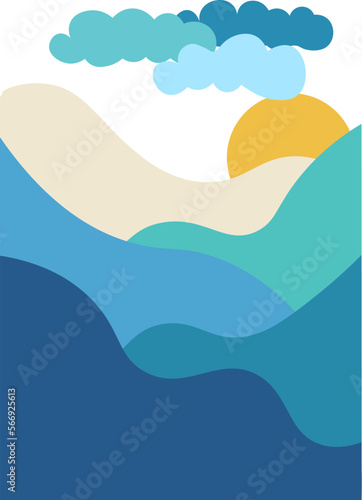 vector illustration flat design with blue sea waves and blue clouds