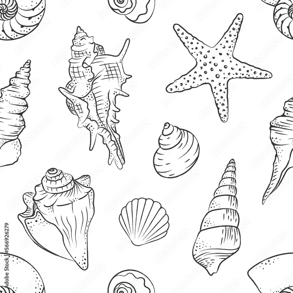 Seashells and starfish seamless pattern background vector illustration ...