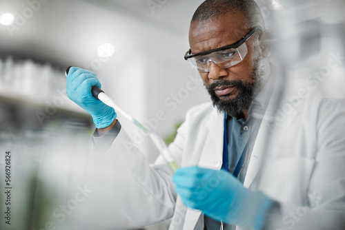 Scientist man, thinking or test tubes in laboratory pharma, medical science research or gmo food engineering. Worker, dropper or pipette and biology glass equipment in sustainability plants research
