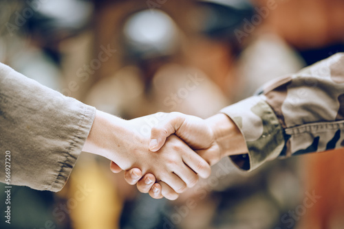 Hands, soldier and handshake for partnership, deal or agreement in collaboration or trust together. Hand of army people shaking hands in support for friendship, community or unity in solidarity