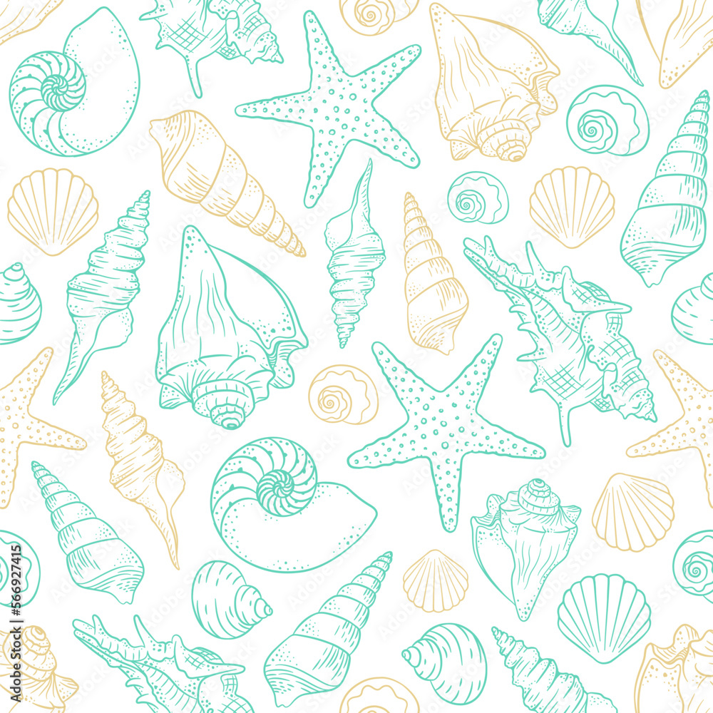 Seashells and starfish seamless pattern background vector illustration. Cute aquatic marine life doodle wallpapers