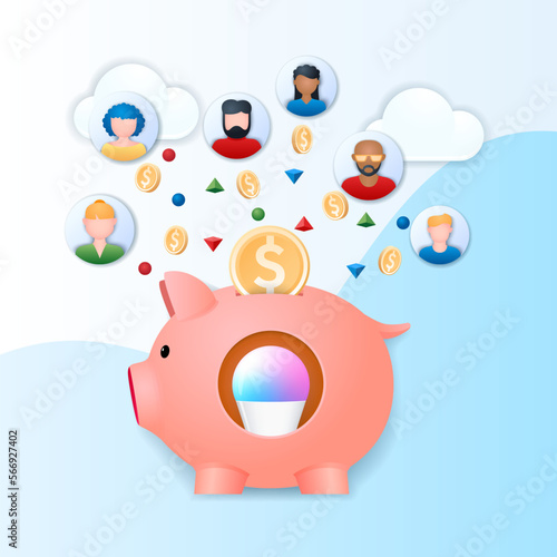 Crowdfunding platform banner. People putting money to piggybank. Startup investment concept. Web vector illustration in 3D style