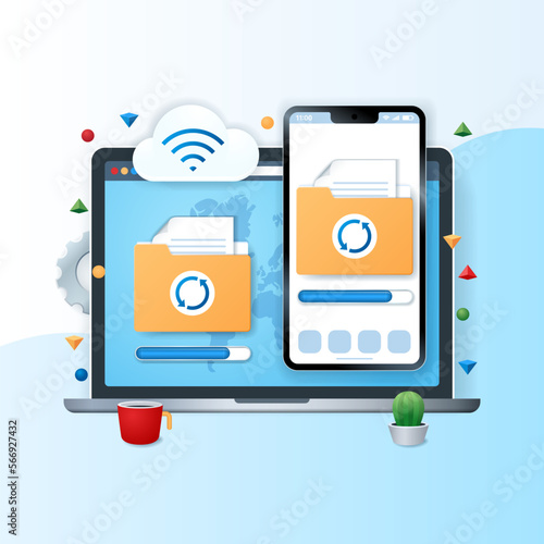 Data synchronization banner. Laptop and mobile phone with file folder and synchronization symbols icons on the screen. Computer technology concept. Web vector illustration in 3D style