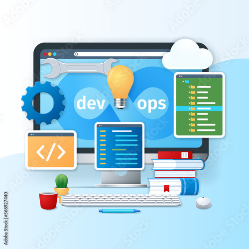 Devops banner. Monitor with development icons on the screen. Software development and IT operations concept. Web vector illustration in 3D style