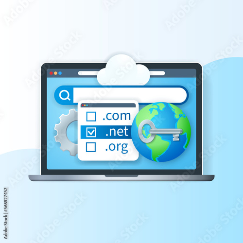 Domain registration concept. Laptop with domain names on screen, globe and search bar icons. Business banner. Web vector illustration in 3D style