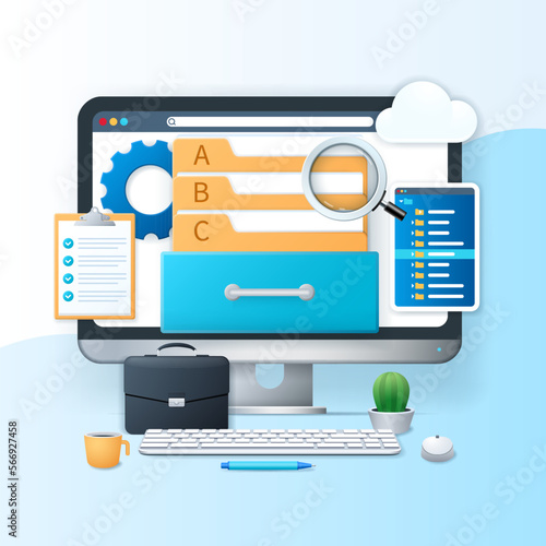 Electronic file organization banner. Monitor with data folders icons on the screen. Computer technology concept. Web vector illustration in 3D style