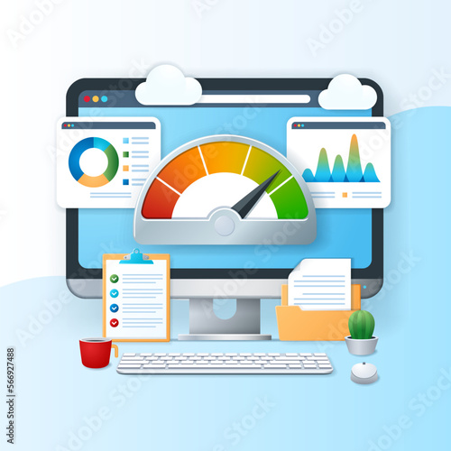 Key Performance Indicator data report concept. Computer with graphs and charts on screen. Business banner. Web vector landing page template in 3D style