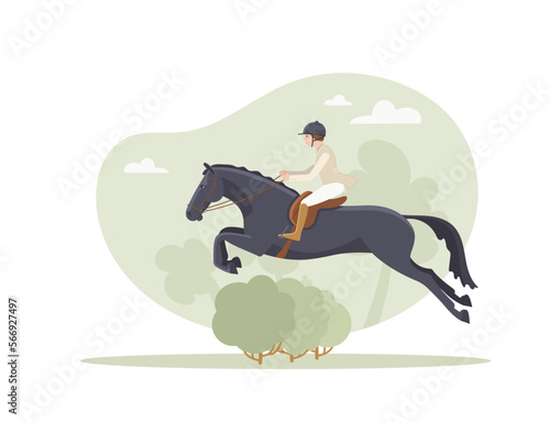 Horse hunting, steeplechase, rider and horse jump over a natural obstacle