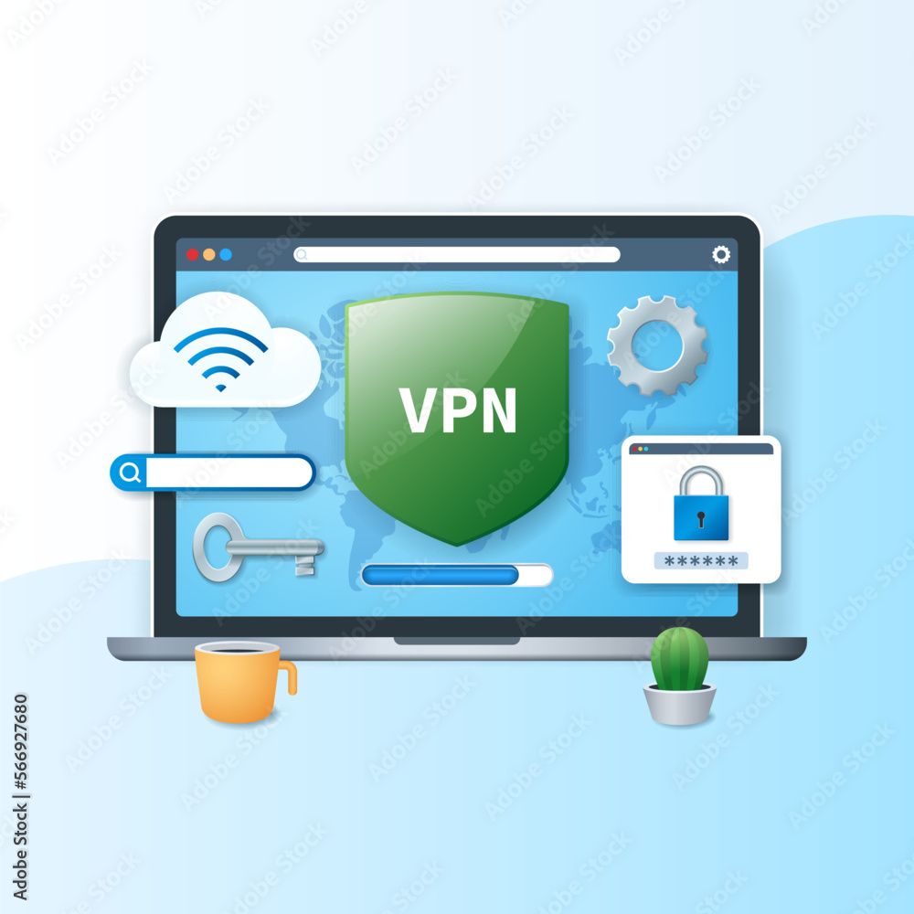 Virtual private network concept. Laptop with shield, search bar and parol window. Secure VPN connection. Web vector illustration in 3D style Virtual private network concept. Laptop with shield, search bar and parol window. Secure VPN connection. Web vector illustration in 3D style