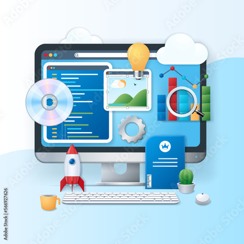 Software development banner. Monitor with programming window and app development icons on the screen. Computer technology concept. Web vector illustration in 3D style