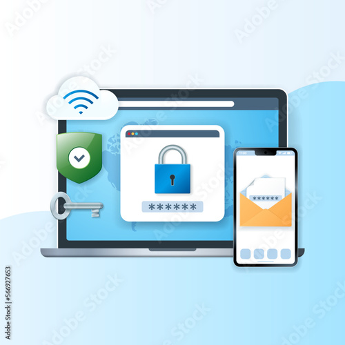 Two factor authentication banner. Secure notice login verification or sms with push code message icon in smartphone and laptop. Duo verification concept. Web vector illustration in 3D style