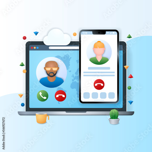 Voice over internet protocol banner. Laptop and mobile phone with people icons on the screen. Computer technology concept. Web vector illustration in 3D style