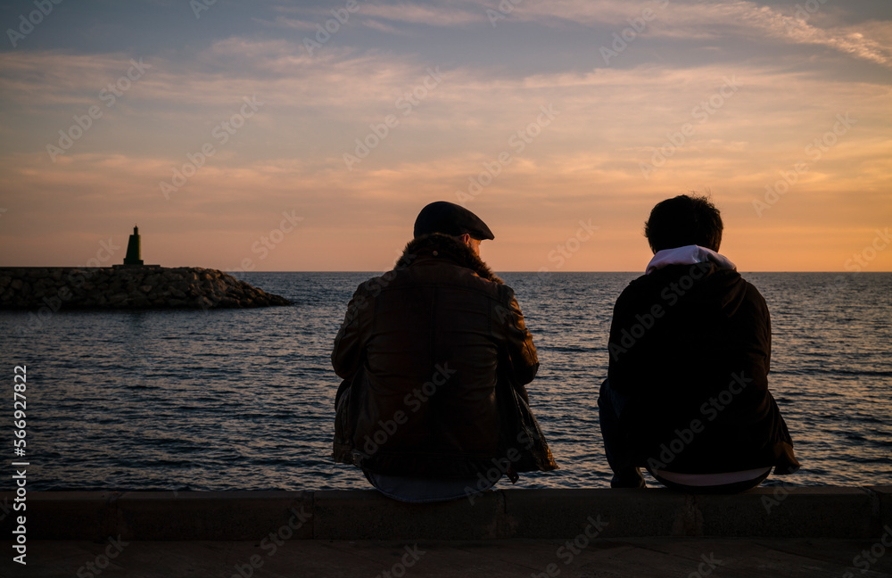 Adopted father and son looking at view on seaside
