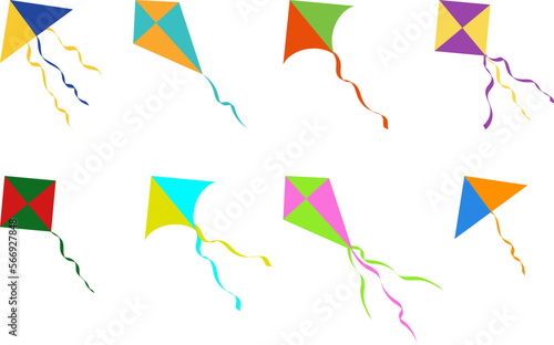 Kites, vector set. Multi-colored flat style kites.