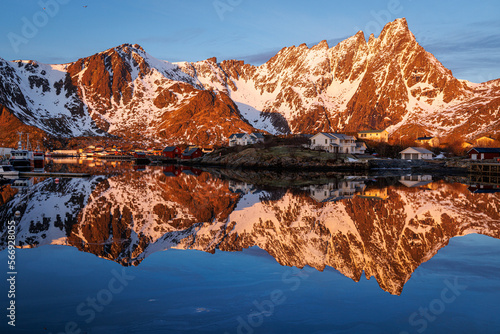 sunrise with reflection in the sea at the lofoten