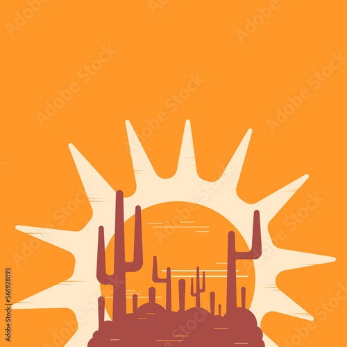 Flat abstract icon, sticker, button with desert, sun, cactuses.