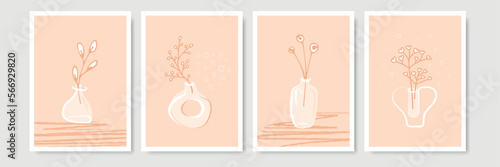 set with flowers in vases. Abstract botanical poster. Set of illustrations with flowers and branches in a vase in a zen theme. Contemporary minimal art background set with vase wall decor. ikebana
