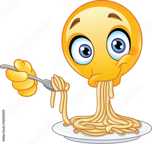 Emoji emoticon eating spaghetti from a plate using a spoon