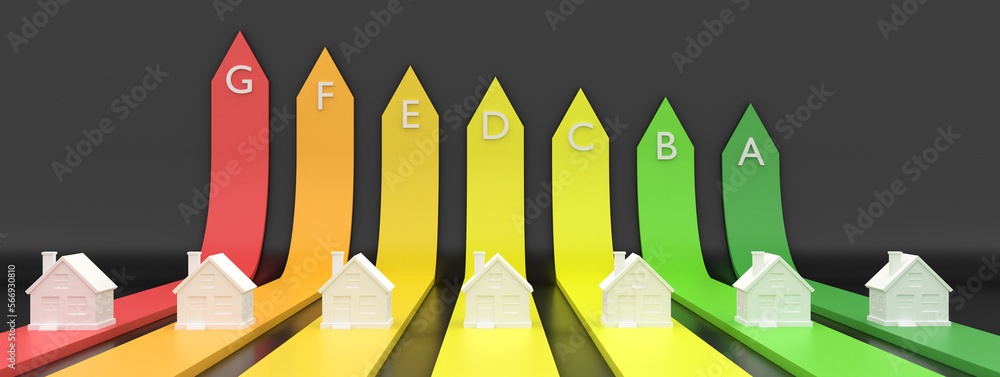 Rating energy Labels for house concept. A model house besides the curved energy label arrows with dark background. Energy Efficiency Classification A to G - Web banner format (3D Rendering) Rating energy Labels for house concept. A model house besides the curved energy label arrows with dark background. Energy Efficiency Classification A to G - Web banner format (3D Rendering)