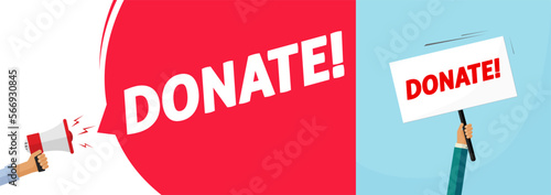 Donate help announcement person hand vector banner illustration, donation concept, man asking needing charity support graphic design, requesting aid campaign petition flayer image clipart