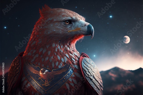 Viking Warrior of the Sky: Majestic Eagle in Armor Under Starry Night and Red Moon