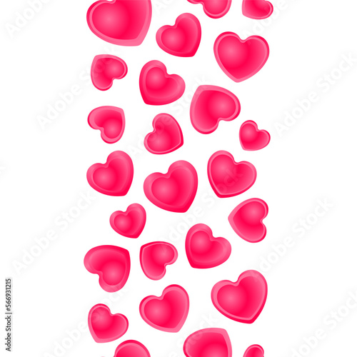 Seamless stripe of bright pink hearts. Vector illustration isolated on white background. Sweet candies in the shape of love. Design for Valentine's day