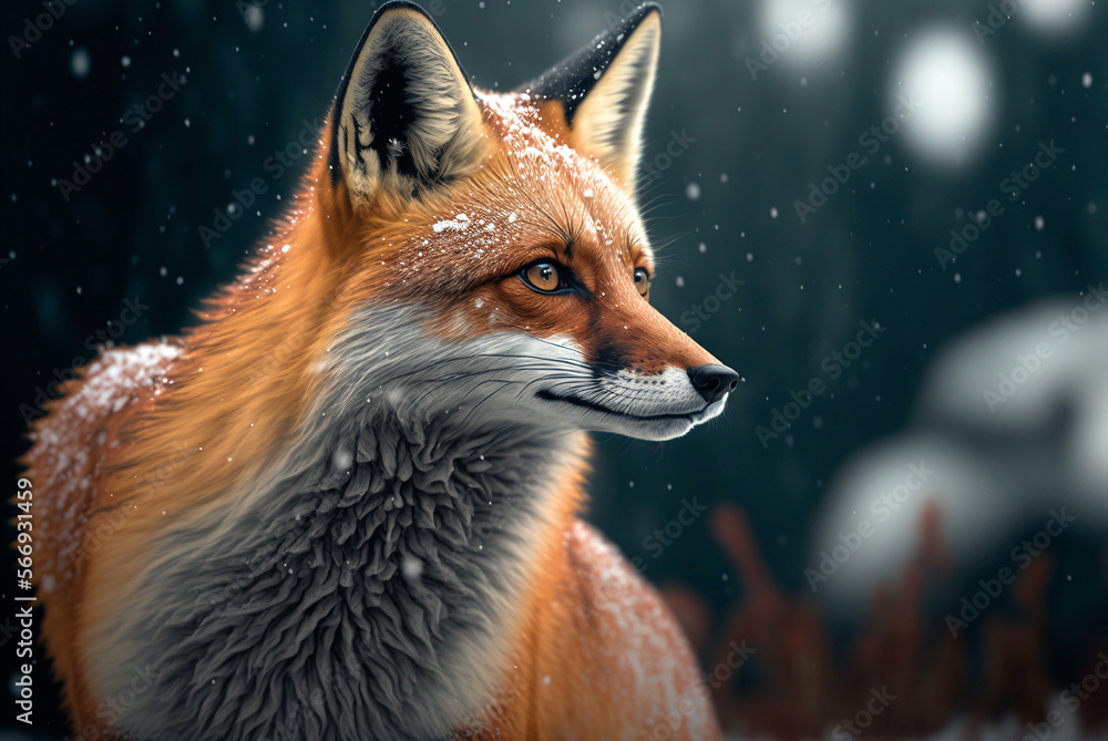 Fototapeta premium Neugieriger Japanischer Fuchs im Schnee in 3D – Generative AI