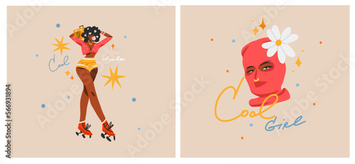 Hand drawn vector abstract modern graphic illustrations characters collection set of young women on disco party and rollerblading ,90s elements. African american concept. Cartoon character design .