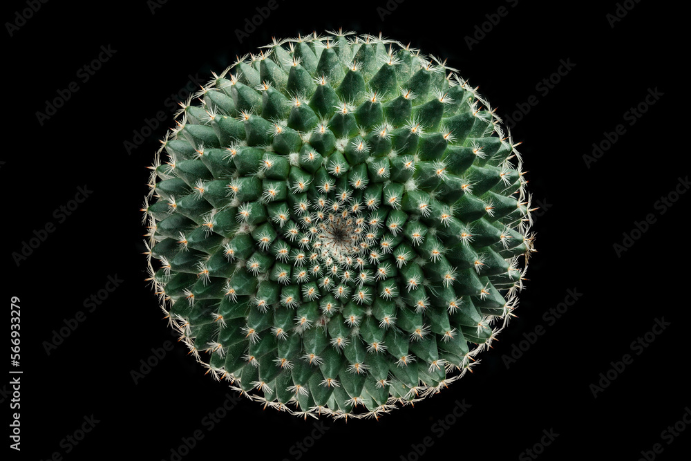 close up of a ball cactus on black background. top view. close up of a ball cactus on black background. top view.