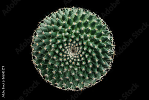 close up of a ball cactus on black background. top view.
