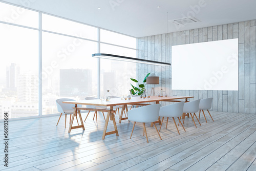Modern meeting room interior with empty white mock up presentation banner, furniture, window and city view, daylight. Boardroom concept. 3D Rendering.
