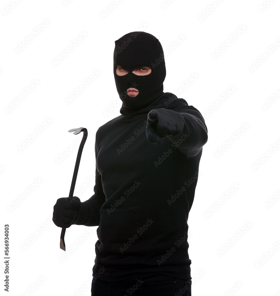 Thief in mask with crowbar on white background Thief in mask with crowbar on white background