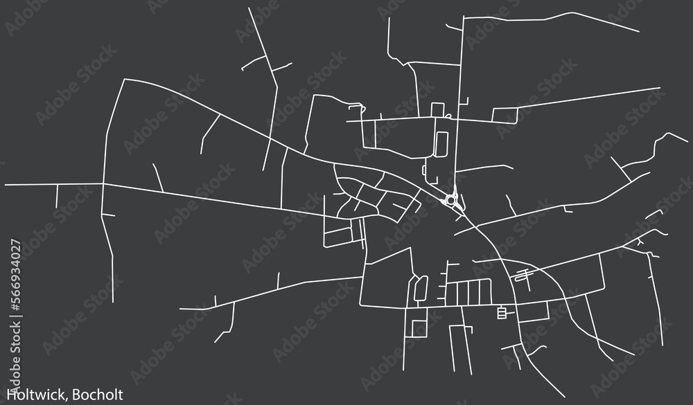 Detailed negative navigation white lines urban street roads map of the HOLTWICK DISTRICT of the German town of BOCHOLT, Germany on dark gray background