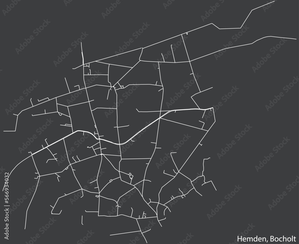 Detailed negative navigation white lines urban street roads map of the HEMDEN DISTRICT of the German town of BOCHOLT, Germany on dark gray background
