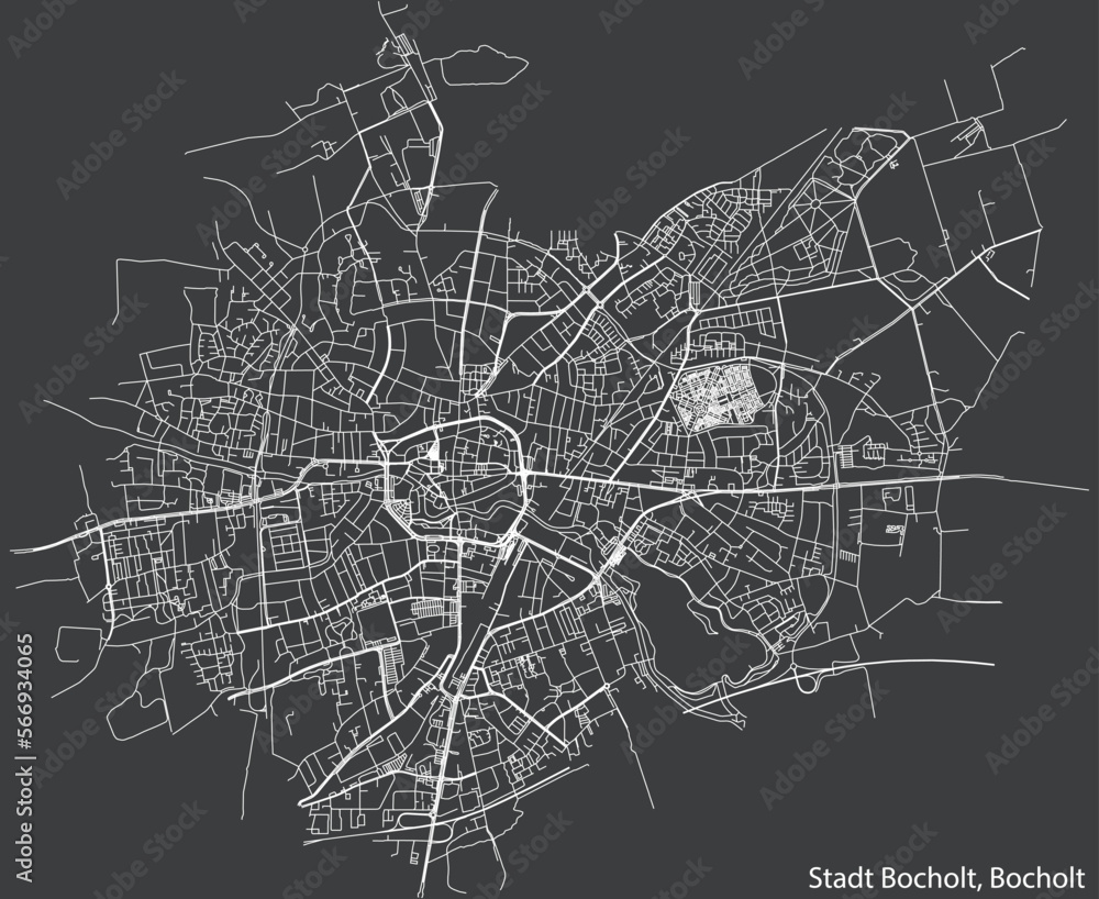 Detailed negative navigation white lines urban street roads map of the STADT BOCHOLT DISTRICT of the German town of BOCHOLT, Germany on dark gray background