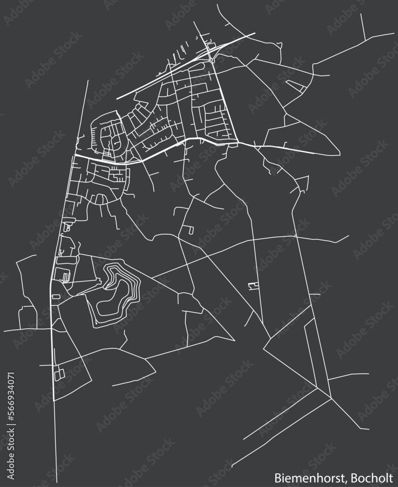 Detailed negative navigation white lines urban street roads map of the BIEMENHORST DISTRICT of the German town of BOCHOLT, Germany on dark gray background