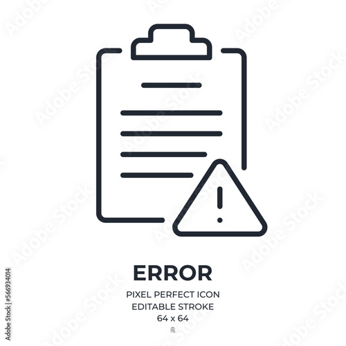 Attention, alert, error, and mistake concept. Clipboard and exclamation mark sign editable stroke outline icon isolated on white background flat vector illustration. Pixel perfect. 64 x 64.