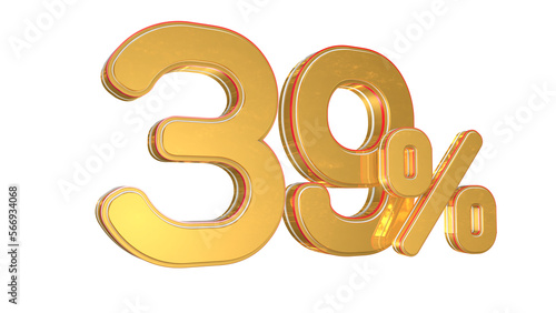 39% off on sale. Gold percent isolated on PNG background. 3d rendering. Illustration for advertising.