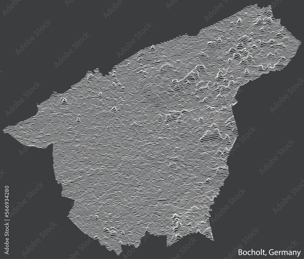 Topographic negative relief map of the town of BOCHOLT, GERMANY with white contour lines on dark gray background