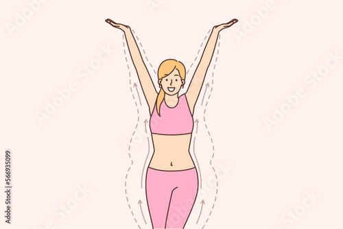 Slender woman standing among lines demonstrating figure before losing weight