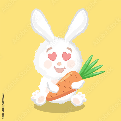Cartoon cute white bunny with loving eyes sits with his favorite big carrot. Food vector illustration. © OLESIA