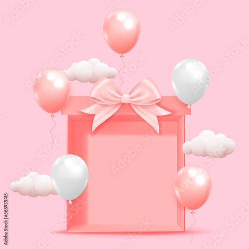 Open pink gift box with bow, clouds and balloons.