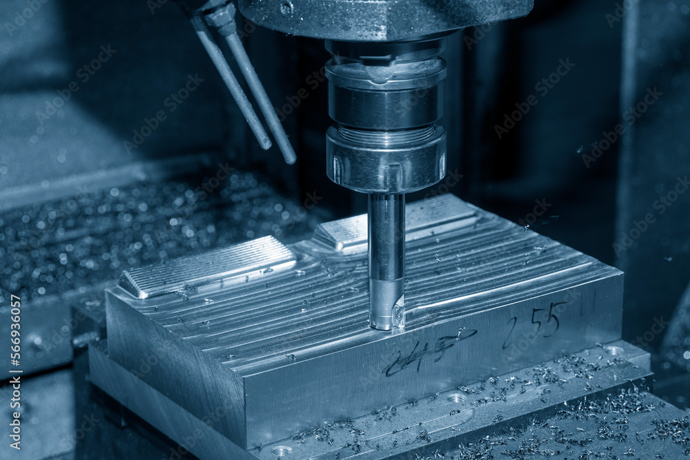 The CNC milling machine rough cutting the injection mold parts by indexable tools. The CNC milling machine rough cutting the injection mold parts by indexable tools.