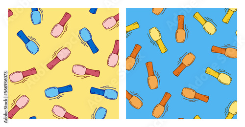 a set with doodle seamless patterns with gel nail polish. Bright vector poster for a beauty salon on a yellow and blue background