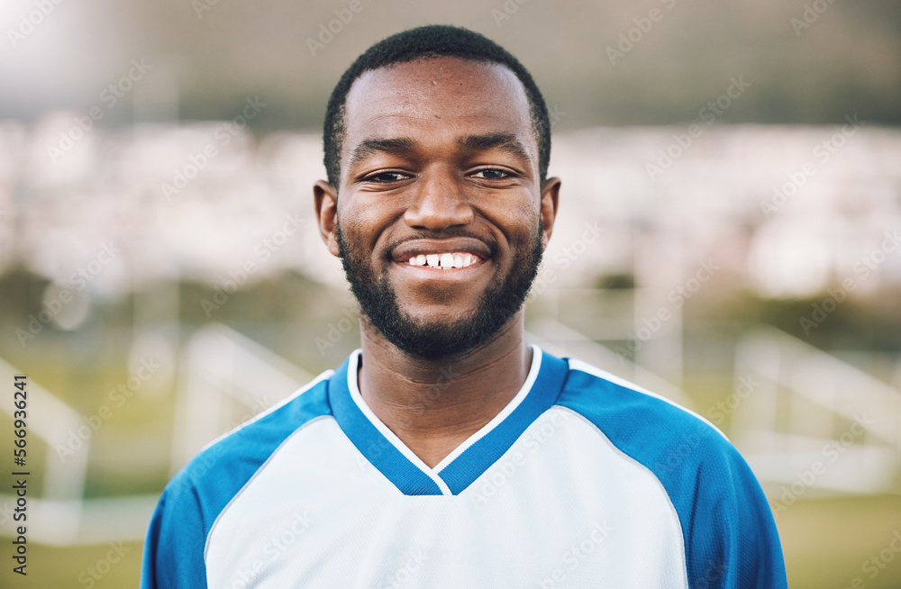 Sports, smile and portrait of soccer player on field with happy face and motivation for winning game in Africa. Confident, proud and black man at professional football competition or training match. Sports, smile and portrait of soccer player on field with happy face and motivation for winning game in Africa. Confident, proud and black man at professional football competition or training match.
