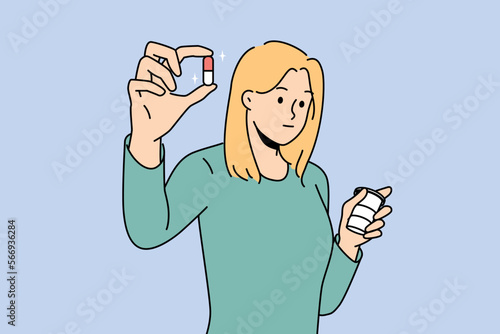 Young woman holding pill in hands taking antidepressants or painkillers. Female patient with drug or tablet recommend medical treatment. Medicine and healthcare. Vector illustration. 