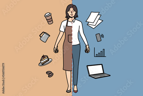 Smiling young woman with two occupation being waitress and office worker. Happy female various professions. Employment and career. Vector illustration. 